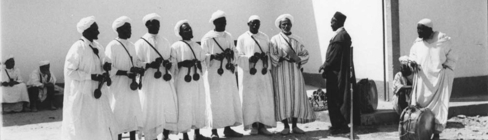 B&W photo of Gnaoua musicians